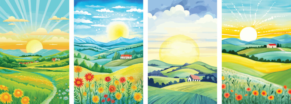 watercolor wide banner of farm landscape set, green hill, tree and mountain, Vector illustration, landscape background, wallpaper, poster, spring