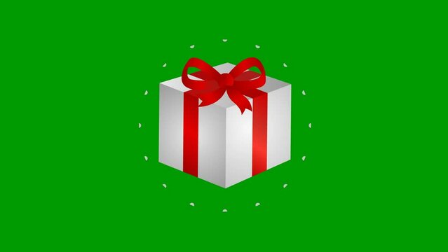 Animated icon of silver gift box with rays around. Symbol of present with red bow. Flat vector illustration isolated on green background.