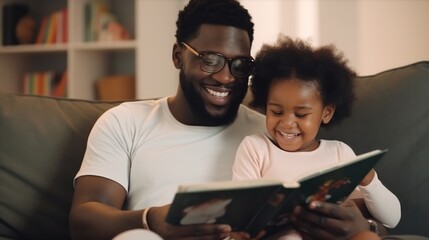 Happy black father relax and read book with baby time together at home. parent sit on sofa with daughter and reading a story. learn development, childcare, laughing, education, storytelling, practice. - obrazy, fototapety, plakaty