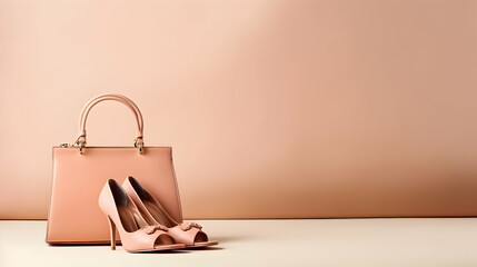 Peach fuzz colour woman handbag and shoes. Copy space. - obrazy, fototapety, plakaty