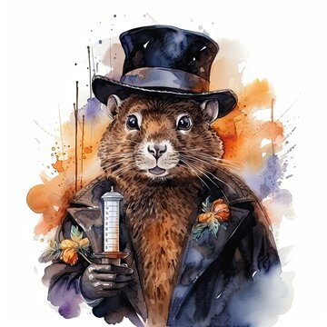 Groundhog Day watercolor illustration on white