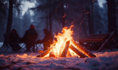 Campfire in forest with people sitting on chairs in the background - obrazy, fototapety, plakaty