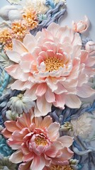 colorful Peony flowers on blue floral textured background