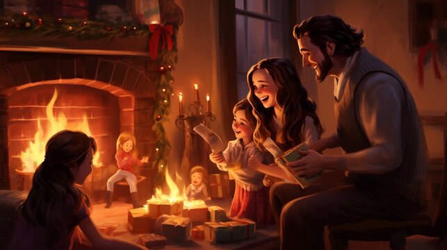 Famiglia sorridente, bambini e genitori, aprono regali di natale in un atmosfera accogliente