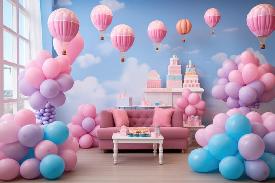 Birthday decoration with color balloons an gift boxes in an room concept, AI generated