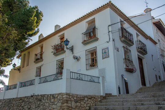 Albir, Spain - January 12, 2023 - Casa Cervantes house built by Francisco Martinez, member of the early 20th century Valencian Renaissance literary movement on Calle Santa Barbara in Altea