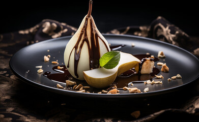 A plate with pears covered in chocolate and nut 12_12
