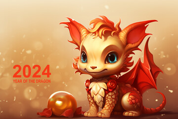 Golden and red cute baby dragon for a child, 2024 chinese and asian year of the dragon celebration, new year greeting card with text - obrazy, fototapety, plakaty