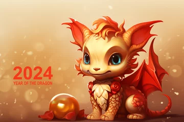 Fotobehang Golden and red cute baby dragon for a child, 2024 chinese and asian year of the dragon celebration, new year greeting card with text © Delphotostock