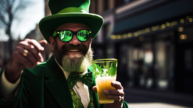 Bearded man dressed for St. Patrick's day celebration drinking beer
