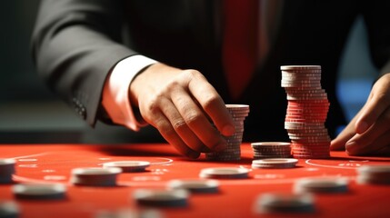 Businessman hands pushing gambling chips - obrazy, fototapety, plakaty
