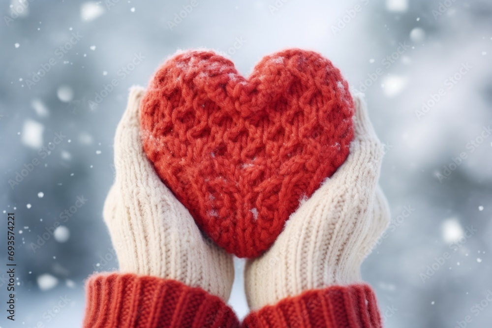 Poster knitted heart in hands. background with selective focus and copy space