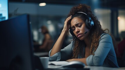 Call center, stress and tired woman working on a laptop  - obrazy, fototapety, plakaty