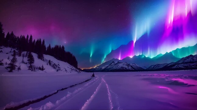 Colorful Aurora Borealis Landscape by Night and Mountain covered with snow
