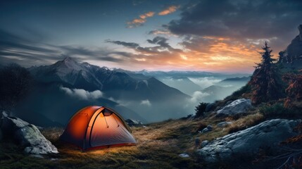 Camping tent high in the mountains  - obrazy, fototapety, plakaty