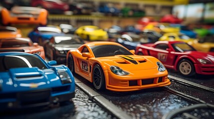 Fototapeta na wymiar A lively display of toy cars and race tracks