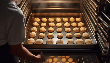 Baker placing dough on the trays of a hot oven, creating a captivating view of the baking process