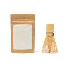 Product Photo of Wooden Matcha Whisk and blank Matcha Bag Isolated on White Background 
