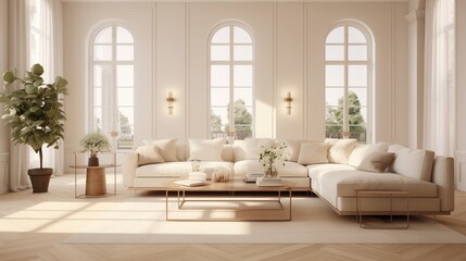 modern living room featuring wooden floors, in the style of light white and light beige. AI generated