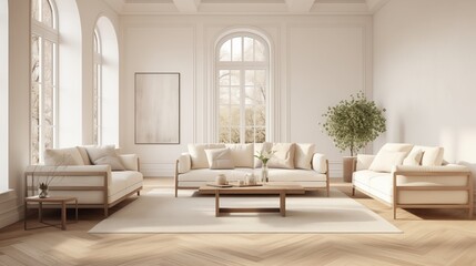 modern living room featuring wooden floors, in the style of light white and light beige. AI generated