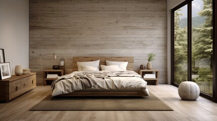 Modern bedroom decor with a rustic countryside vibe, incorporating a solid wood floor. AI generated