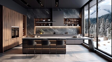 Modern kitchen interior design in a luxury private home. Design in grey and wood. The floor is made of marble. Windows with a panoramic view. Elegant kitchen set. AI generated
