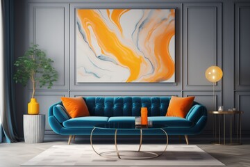 Modern Living Room with blue Sofa and Ottoman. AI generated