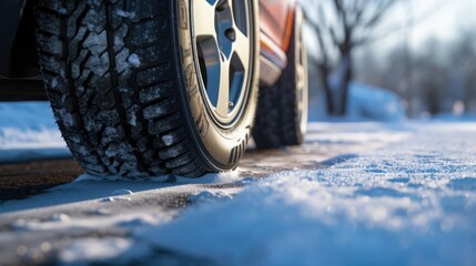 Car tyre on a snowy road in winter 