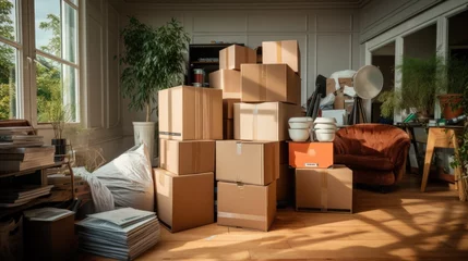 Fotobehang Cardboard boxes and cleaning things for moving into a new home  © Fly Frames