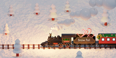 Winter train. Merry Christmas greeting 3d illustration. Space for text. Template background.