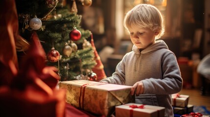 Fototapeta na wymiar Christmas morning a child opens presents
