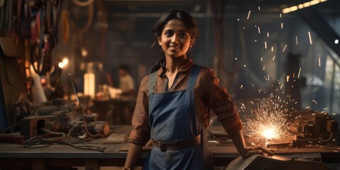East Indian Woman Welder Occupation Employment Good Looking Setting Generative AI