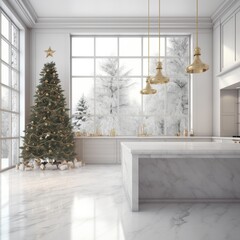 Empty White Marble Surface And Blurred Kitchen With Christmas Tree