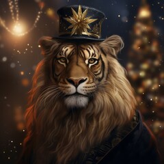 Portrait of the tiger in Christmas background, blurred background and  Christmas tree with lights.
