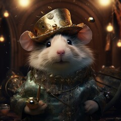 cute hamster with gold hat  , new year , blurred background,