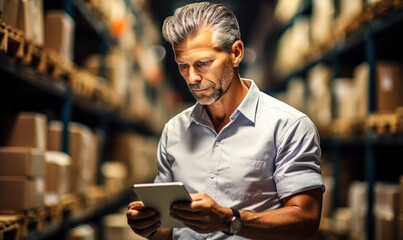 Focused Manager Checking Inventory in Warehouse Using Digital Tablet, Middle-Aged Man in White Shirt At Work