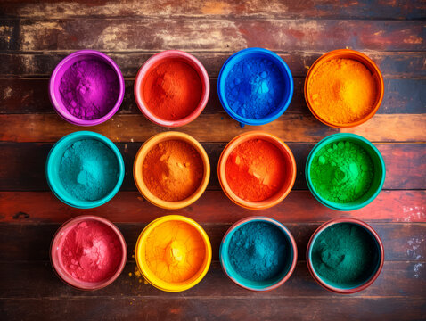 Colorful Holi paints in jars on the table. View from above.