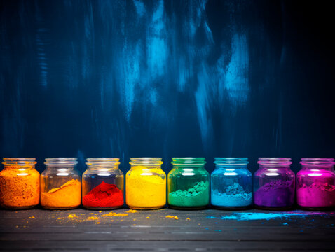 Colorful Holi paints in jars on the table. A place to copy.
