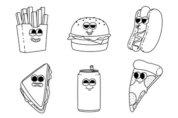 Groovy hot dog, burger, french fries, sandwich, pizza and soda. Cartoon line art characters in trendy retro style. 