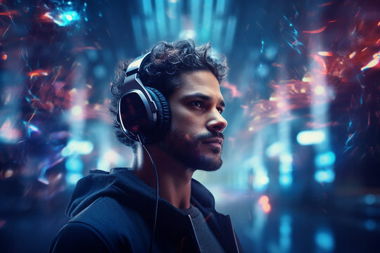 Generative AI photography image of man with headphones listening music fantasy energy vibe