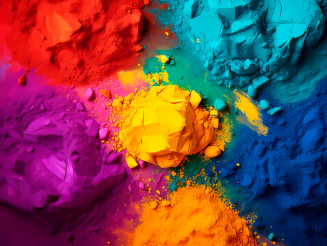 Colorful bright colors of Holi are scattered on the surface. Background of Holi colors.