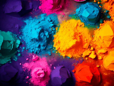 Colorful bright colors of Holi are scattered on the surface. Background of Holi colors. 