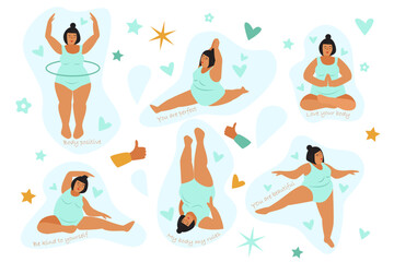 Plus size girl doing exercises for body. Body positive slogans, sticker set. Flat vector illustration. Love your body motivation.