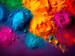 Colorful bright colors of Holi are scattered on the surface. Background of Holi colors.