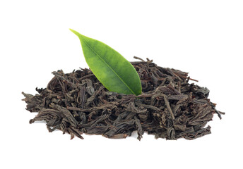 Dry black tea and fresh tea leaf isolated on a white background. Black Ceylon tea.