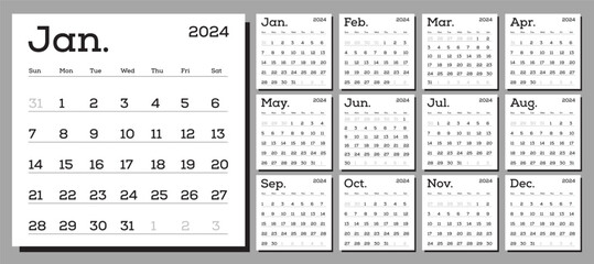 Classic monthly calendar for 2024. The week starts on Sunday. Vector template ready for printing. Elements for design - obrazy, fototapety, plakaty