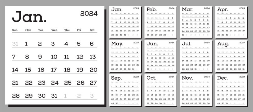 Classic monthly calendar for 2024. The week starts on Sunday. Vector template ready for printing. Elements for design