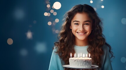 On the occasion of holidays and celebrations, a young girl is celebrating her birthday by looking up and crossing her fingers to bring good luck, making a wish on a candle placed on a cake