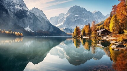 Fototapeta na wymiar Peaceful autumn scene of lake with background. Traveling concept background.