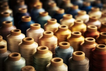 Colorful spools of thread in soft lighting for textile industry
